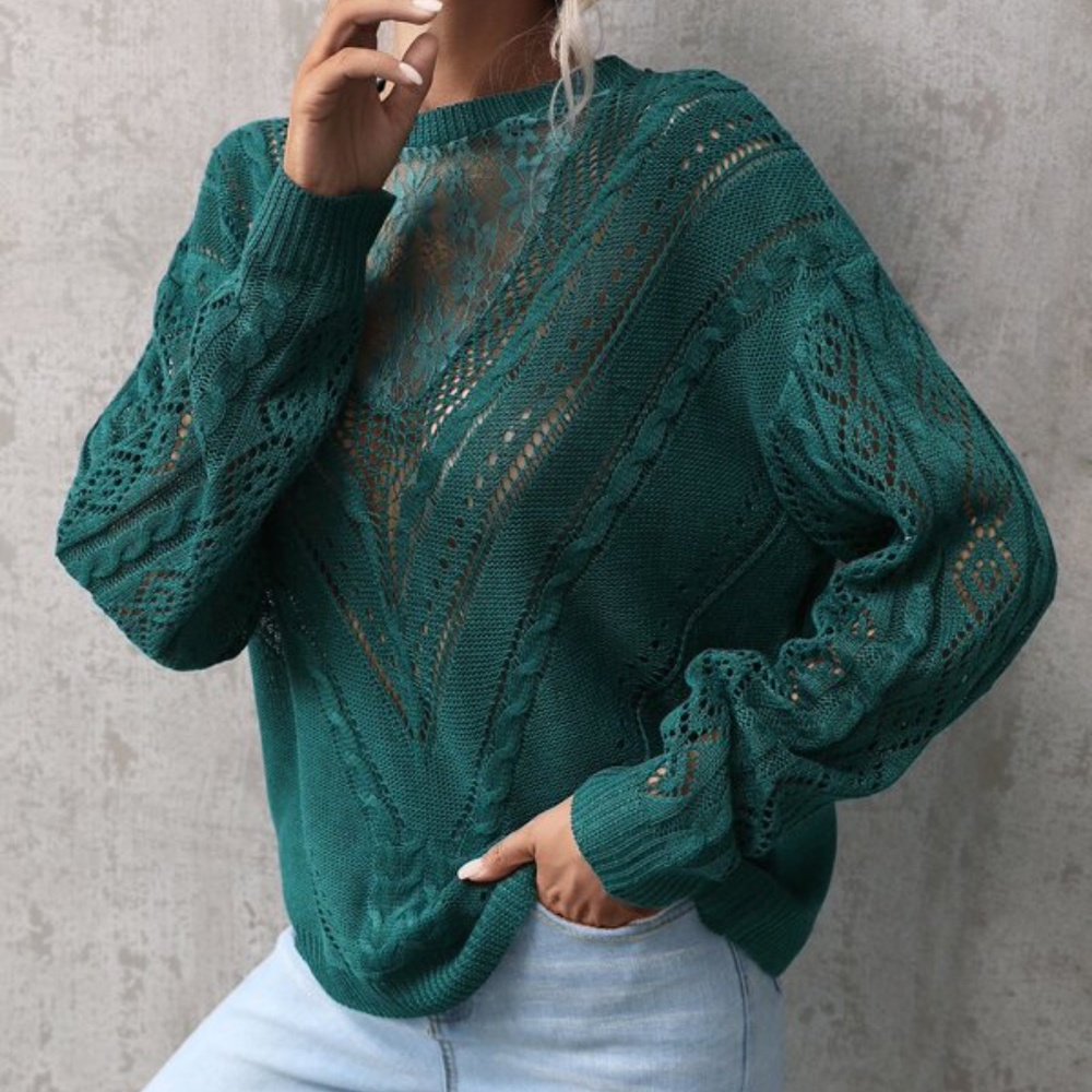 Cozy Floral Lace Mesh Knit Oversized Sweater Top - Picture 5 of 14